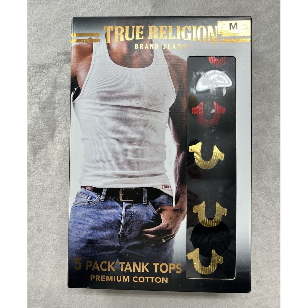 True Religion Tank Top Men Medium Black 5 Pack Horseshoe Logo NIB 5MA2636TR8 NEW